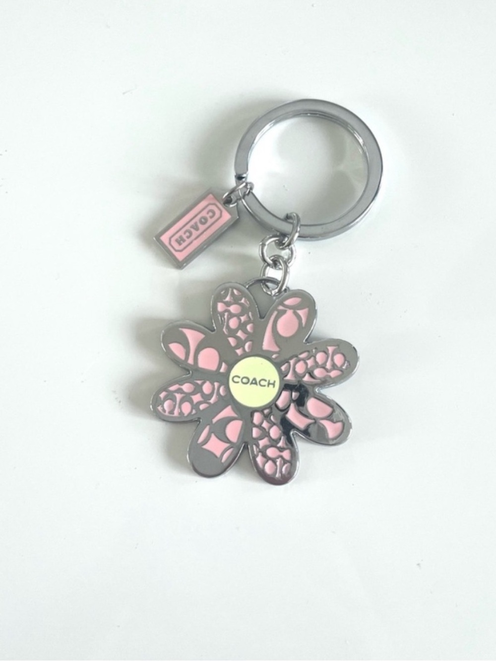 Coach Pink Floral Logo Key Ring with Silver Hardware